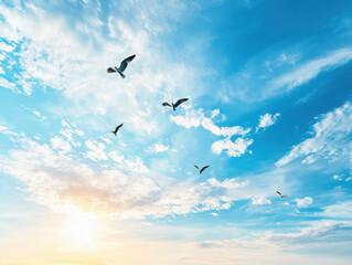 Fototapeta premium Birds soaring gracefully in a bright blue sky over scenic landscape capturing adventure and freedom