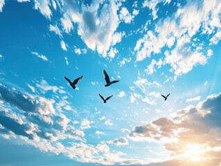 Fototapeta premium Birds soaring in a bright blue sky nature scene adventure concept outdoor environment inspirational viewpoint