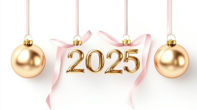 Elegant golden "2025" number balls hanging on pastel ribbons, with soft shadows, perfect for New Year celebrations, isolated on white - Powered by Adobe