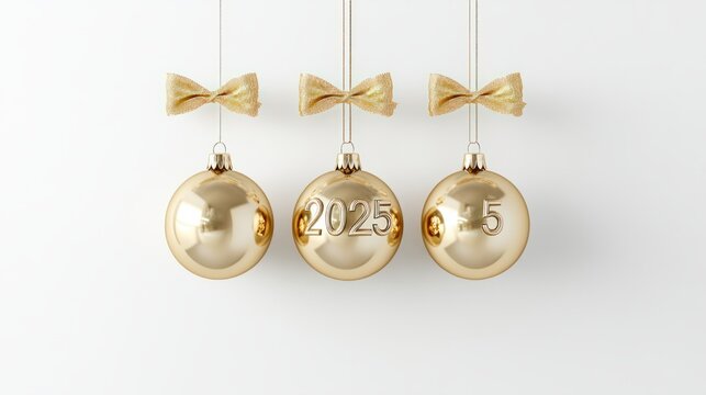 Elegant golden "2025" number balls hanging on pastel ribbons, with soft shadows, perfect for New Year celebrations, isolated on white