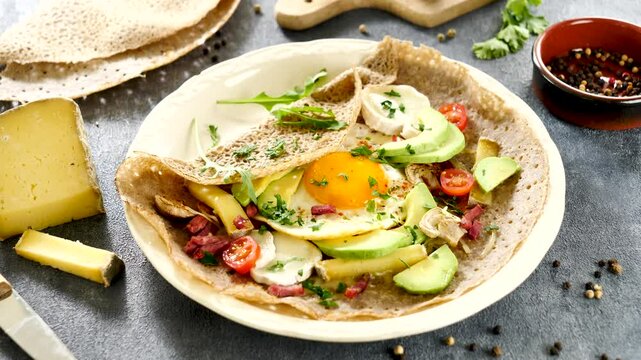 buckwheat crepe with avocado and egg
