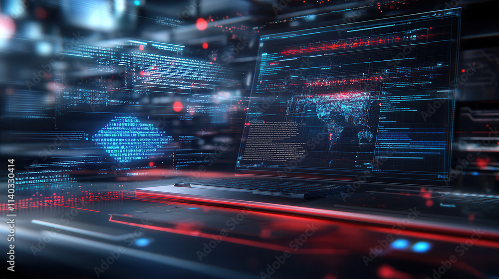 Poster futuristic workspace with laptop displaying data analytics, world map, and digital code, surrounded 