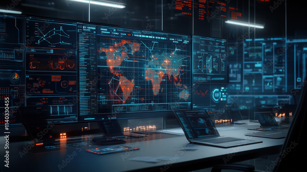 Poster futuristic workspace with digital screens displaying global data, analytics, and business plans in h