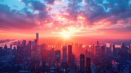Fototapeta premium A vibrant sunset over a city skyline, casting colorful hues across the buildings and sky.