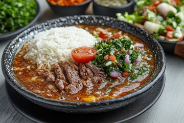 Fototapeta premium Lamb and rice soup served with garlic vinegar and salad