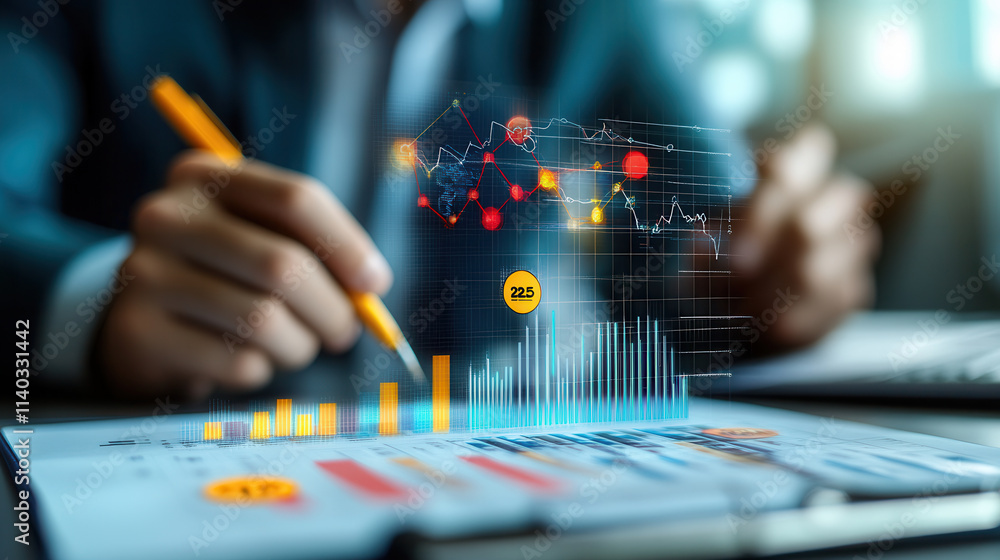 Poster person analyzing financial data on futuristic digital interface with charts and graphs, showcasing i