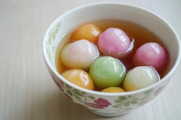 Large rice dumpling balls in a bowl with syrupy colored glaze