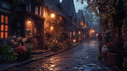 Fototapeta premium A serene, cobblestone street lined with charming, illuminated cottages and vibrant flowers.