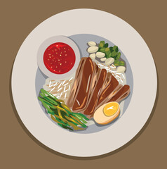 Thai Pork Leg Stew Recipe (Kao Ka Moo) Meat, skin, egg, dipping sauce in a plate, brown background.