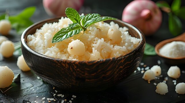 Steamed sticky rice with mongo fruits as Thai sn