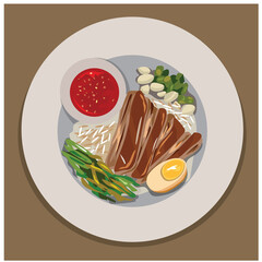 Thai Pork Leg Stew Recipe (Kao Ka Moo) Meat, skin, egg, dipping sauce in a plate, brown background.