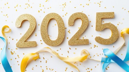 Glittery gold "2025" numbers tied with light blue and yellow ribbons, creating a festive vibe, on a clean white background
