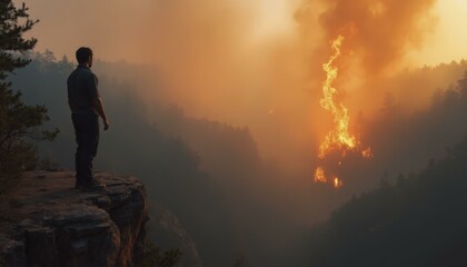Fototapeta premium Person standing on a cliff overlooking a valley consumed by massive forest fires