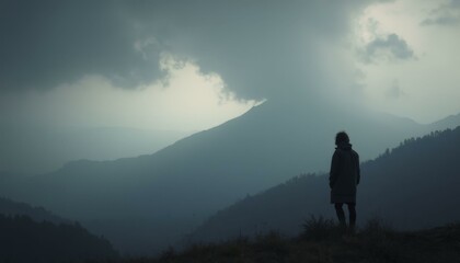 Obraz premium Silhouette of a person standing on a mountain ridge staring at an approaching storm cloud