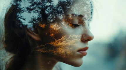 Fototapeta premium Cognitive functions of the brain in a woman, confused thoughts from stress and problems, depression, 