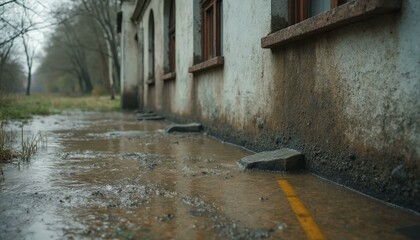 Flood waterline mark on abandoned building partially submerged in muddy water
