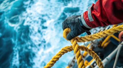 offshore worker in offshore clothing holding a rope with waves crashing below