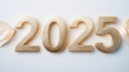 Glittery gold numbers "2025" tied with pastel silk ribbons, glowing softly on a clean white backdrop, perfect for New Year themes