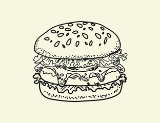 doodle burger pattern background. doodle fast food burger seamless pattern background. seamless pattern of hamburger in doodle style. Seamless Pattern of a Cheese Burger or Hamburger