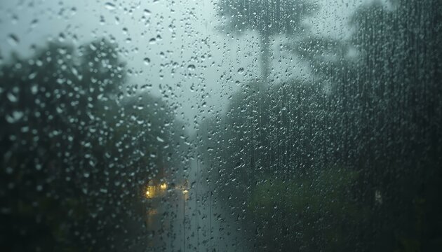 Rain-soaked cracked window with water droplets and blurred streetlights during a tropical storm at night
