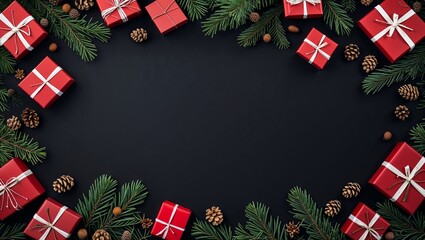 Christmas Gift Boxes and Festive Decorations – Perfect Holiday Background for Design Projects  black background with copy space