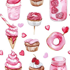 Watercolor illustration of various pink sweets and desserts including cupcakes, ice cream, and donuts on a white background. Concept of indulgence and sweetness