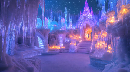 An Enchanting Baroque Ice Palace in a Vast Frosty Expanse with Colorful Lights and Complex Sculptures