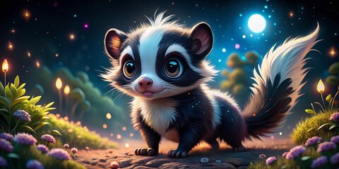 Cute Night Skunk Cartoon, Funny Animal Illustration, Dark Night Scene, Adorable Nocturnal Creature