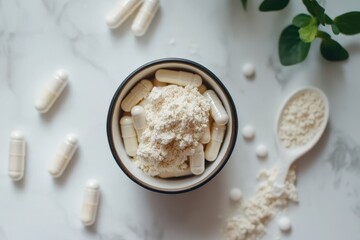 Nutritional aid idea Probiotic capsules vitamins white tablets and protein collagen powder scoop