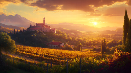 Naklejka premium A Serene Baroque Countryside Landscape with Rolling Hills, Lavish Estate, and a Dramatic Sunset Sky Enhancing the Idyllic Atmosphere