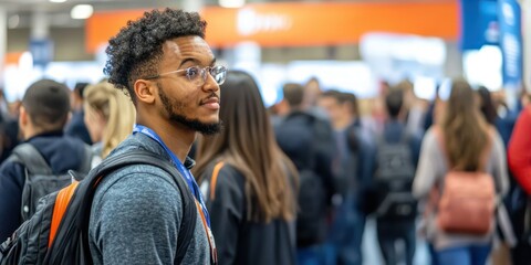 A diverse group of students attending a career fair, exploring various companies and networking with professionals