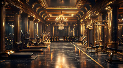 Luxurious Baroque-Inspired Fitness Gym Featuring Gilded Equipment and Marble Floors Enhanced by Dramatic Lighting