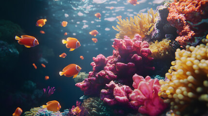 Naklejka premium A Colorful Baroque Underwater Ecosystem Featuring Coral Reefs as Elaborate Artifacts and Shining Fish Creating a Dynamic Scene of Beauty and Movement