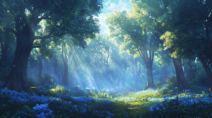 Enchanting sunrise illuminating dense forest nature scene underbrush tranquil environment magical viewpoint