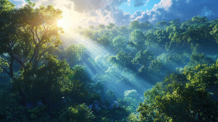 Breathtaking sunrise over dense forest nature landscape illuminated understory tranquil environment aerial perspective