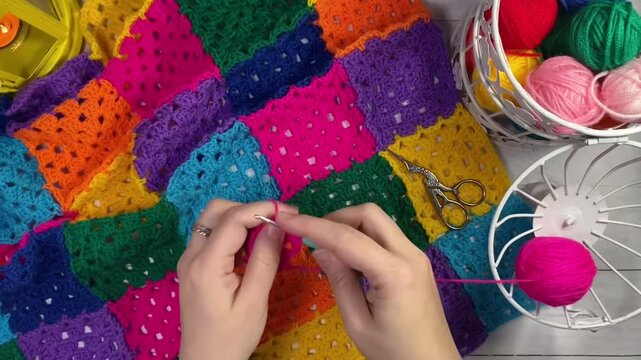 Crocheting granny square blanket plaid process and woman's hands hobby handmade handiwork clews and hook cozy winter autumn fall video	
