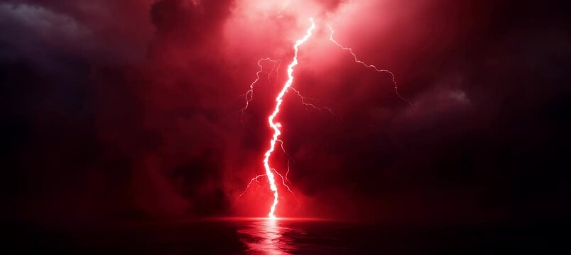 Red lightning thunder on dark clouds storm weather. Generative video AI technology.