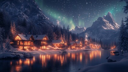 Cozy winter village by a lake under aurora borealis.