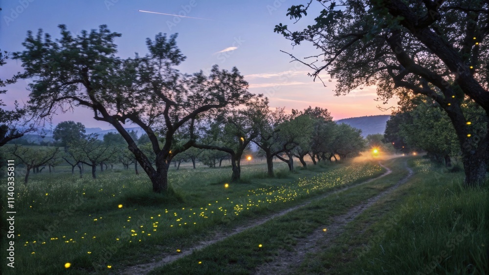 Poster numerous fireflies create a magical atmosphere, illuminating a path through a field of trees at suns