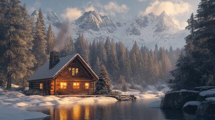 Fototapeta premium Snowy log cabin by a lake with mountains and forest in winter