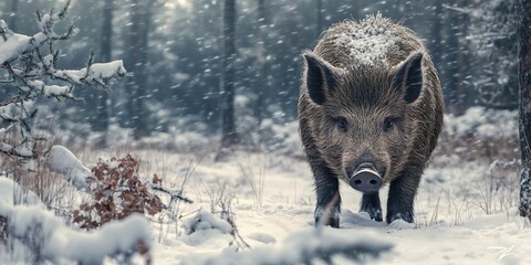 Eurasian Wild Boar, also known as wild swine or common wild pig, in a snowy winter forest environment. The Eurasian Wild Boar thrives in many habitats across Eurasia and North Africa.