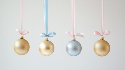 Shiny golden 2025 ornaments tied with light pink and blue ribbons, suspended gracefully against a pastel white background