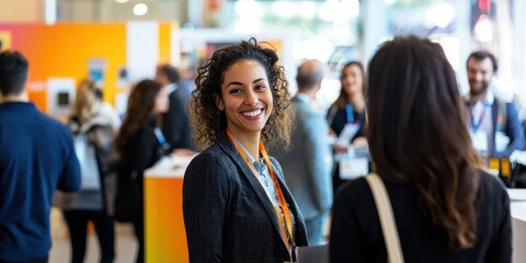 A vibrant booth at a career fair showcasing a company's culture and available job positions, with enthusiastic attendees