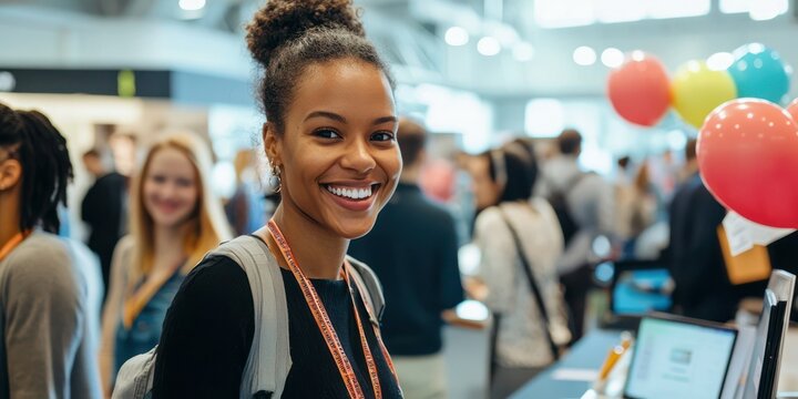 A vibrant booth at a career fair showcasing a company's culture and available job positions, with enthusiastic attendees