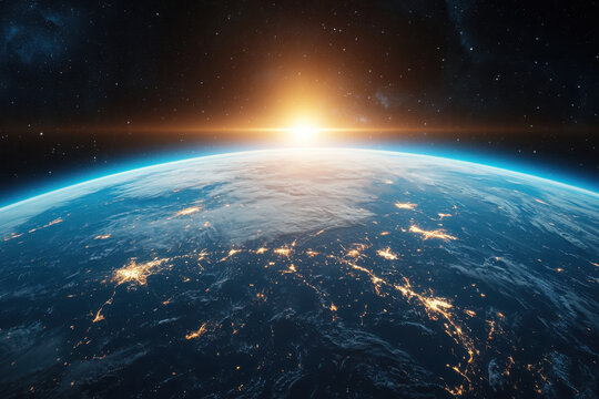 Stunning sunrise over earth from international space station outer space digital art cosmic environment aerial view planetary beauty