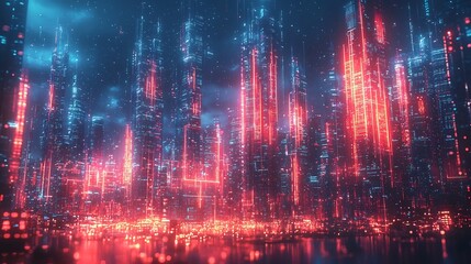 Fototapeta premium Futuristic Cityscape with Collaborative Tech Office Workspace and Holographic Displays