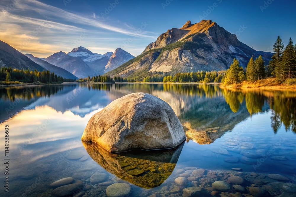 Wall mural smooth reflection of a big rock with mountains in the background reflected