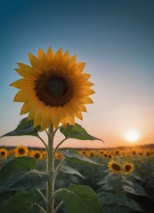 Vibrant sunflower close-up in a field during sunset with golden sky and serene rural landscape photograph