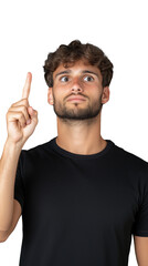 Naklejka premium Young man in black shirt pointing up with curious expression, studio shot
