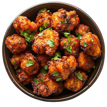 Extreme top view of an extremely perfect looking chicken pakora in a dark earthenware bowl isolated on a white transparent background